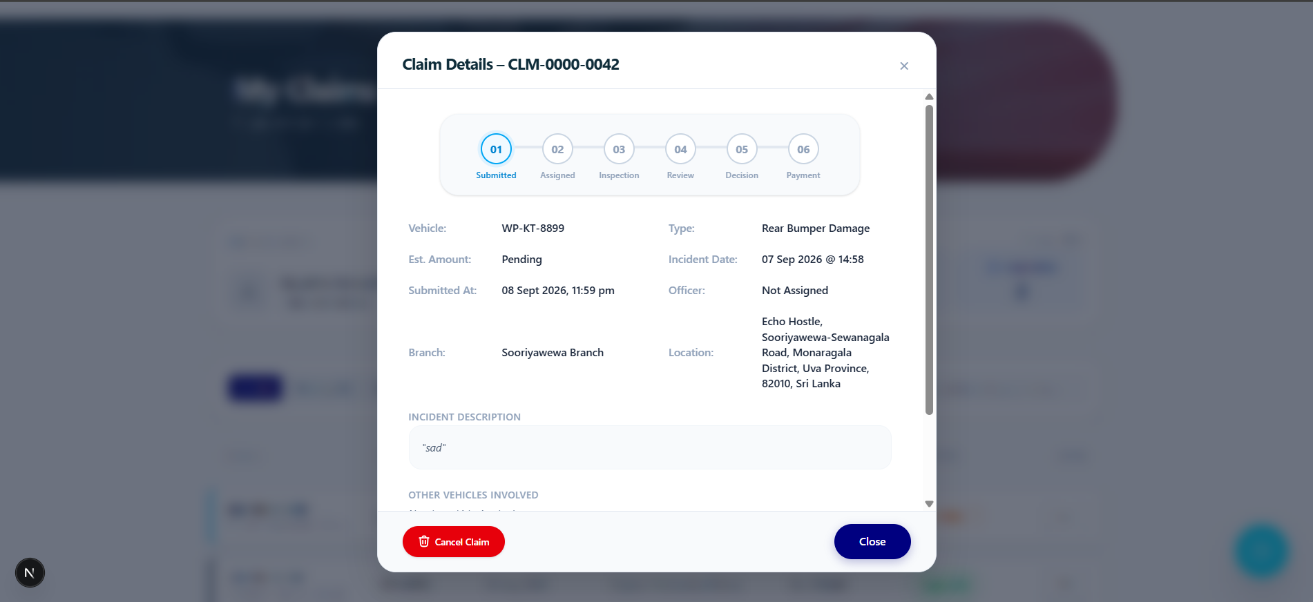 6-Step Visual Claim Lifecycle Modal